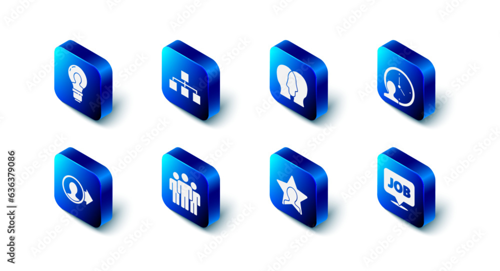 Poster set hierarchy organogram chart, project team base, time management, speech bubble with job, head hun