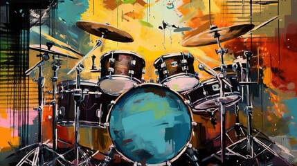 Fototapeta na wymiar Generative AI, Jazz music street art with drums musical instrument silhouette. Ink colorful graffiti art on a textured wall, canvas background.