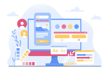 Ux and ui design platform concept. Wireframe and GUI, interface for programs and mobile apps. Website or webpage development. Picture and article. Cartoon flat vector illustration