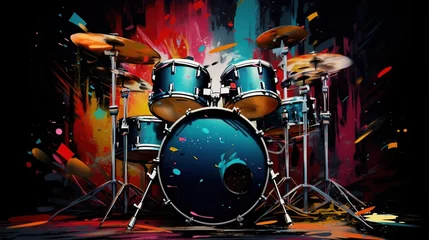 Fotobehang Generative AI, Jazz music street art with drums musical instrument silhouette. Ink colorful graffiti art on a textured wall, canvas background. © DELstudio