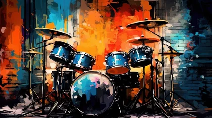 Fotobehang Generative AI, Jazz music street art with drums musical instrument silhouette. Ink colorful graffiti art on a textured wall, canvas background. © DELstudio