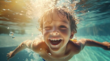 Cute smiling boy having fun swimming and diving in the pool at the resort on summer vacation. Sun...
