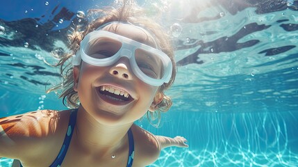 Naklejka premium Cute smiling boy having fun swimming and diving in the pool at the resort on summer vacation. Sun shines under water and sparkling water reflection. Activities and sports to happy kid