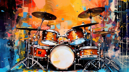 Obraz na płótnie Canvas Generative AI, Jazz music street art with drums musical instrument silhouette. Ink colorful graffiti art on a textured wall, canvas background.