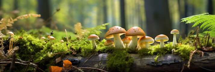 Forest scenery with mushrooms. Generative AI.