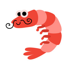 Cartoon shrimp with a mustache. Sea character for logo, icon in color flat style.