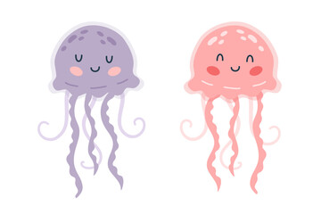 Set of cartoon hand drawn happy baby jellyfish on isolated white background. Character of the sea animals for the logo, mascot, design.