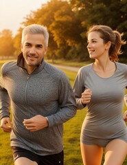 Adult couple in sportswear running in the park in the morning. Ai generated