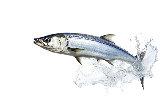 fresh Mackerel fish jumping out of the water, white background isolated PNG