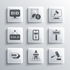 Set Auction auctioneer sells, hammer, Hand holding paddle, Online, Bid, sold, and icon. Vector