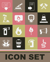 Set Fire hose reel, Megaphone, Traffic cone, exit, Location with fire flame, boots, and Gas mask icon. Vector