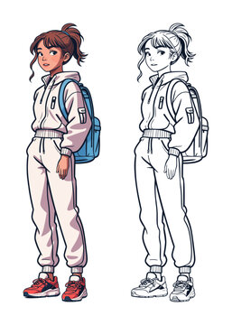 Back to school. A teenage girl with a backpack is walking to school. The schoolgirl is dressed in a hoodie, sweatpants and sneakers. Female student character. Vector illustration