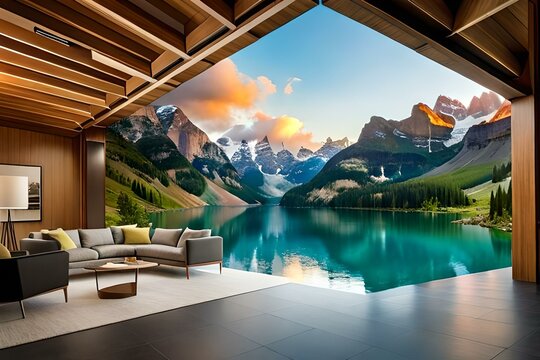 landscape with lake and mountains, wallpaper of moraine lake, Generative AI