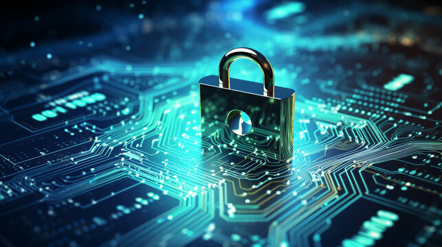 security lock on the computer board. the concept of business protection from fraud. abstract background. Generative Ai.