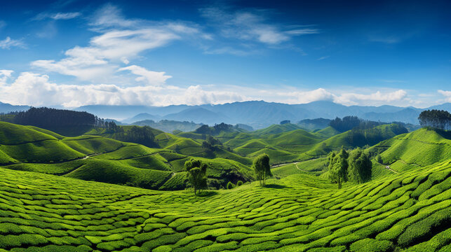 beautiful panorama of a tea plantation on a sunny day. Generative Ai.