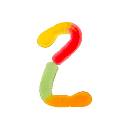 Number 2 made of gummi worms and isolated on transparent background png. Food numeral concept. One...