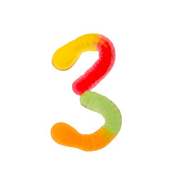 Number 3 made of gummi worms and isolated on transparent background png. Food numeral concept. One number of the set of sweet food font easy to stacking