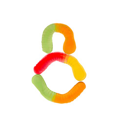 Number 8 made of gummi worms and isolated on transparent background png. Food numeral concept. One...
