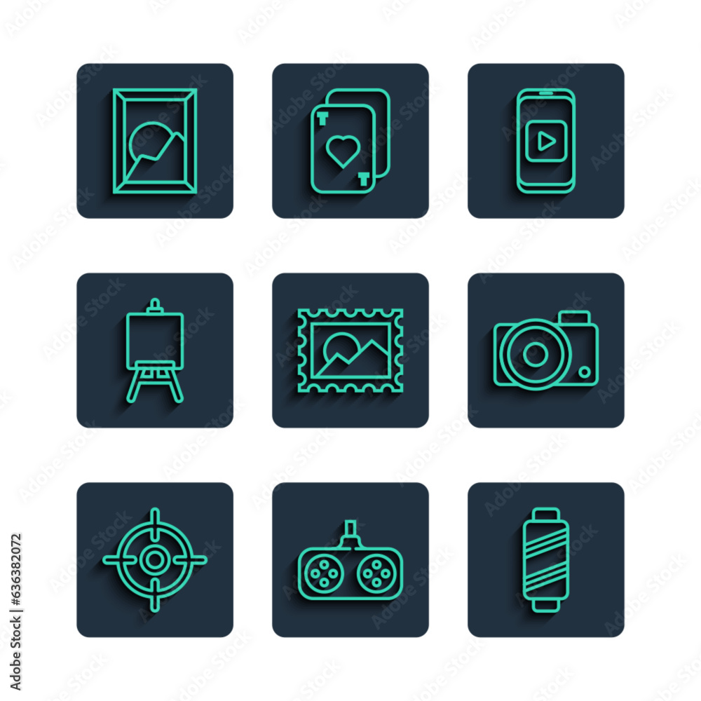 Sticker Set line Target sport, Gamepad, Sewing thread on spool, Online play video, Postal stamp, Easel painting art boards, Picture landscape and Photo camera icon. Vector