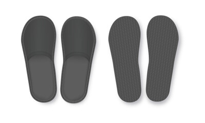 Realistic Black Detailed Hotel Slippers on White Background. Comfortable Footwear. Vector
