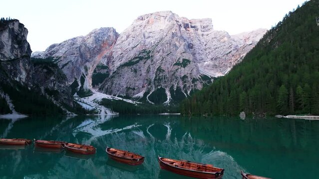 Lago di Braies at sunrise, Dolomites, Italy