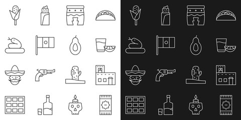 Set line Mexican carpet, house, Tequila glass with lemon, Huehuetl, Mexico flag, Snake, Corn and Avocado icon. Vector
