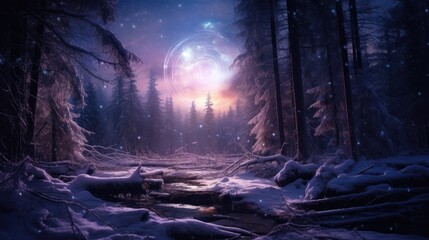 Fototapeta premium Mystical night, fantasy dark winter forest.