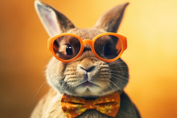 Stylish portrait of dressed up anthropomorphic bunny wearing glasses and bow on vibrant orange background with copy space. Funny pop art animal illustration.