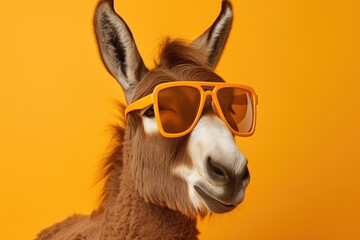Stylish portrait of dressed up imposing anthropomorphic donkey wearing glasses and suit on vibrant orange background with copy space. Funny pop art illustration.