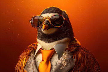 Stylish portrait of dressed up imposing anthropomorphic penguin wearing glasses and suit on vibrant orange background with copy space. Funny pop art illustration. - obrazy, fototapety, plakaty