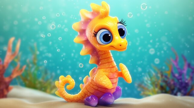 Cartoon illustration brightly colored baby Seahorse.Generative AI