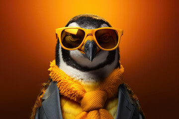Stylish portrait of dressed up imposing anthropomorphic penguin wearing glasses and suit on vibrant orange background with copy space. Funny pop art illustration.
