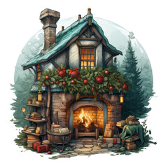 Fototapeta na wymiar A cozy Christmas tree t-shirt design set in a charming cottage, with a fireplace crackling and the Christmas tree adorned with wooden ornaments and rustic decorations, Generative Ai