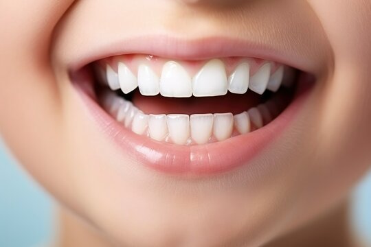 Child smile showing teeth close up. White teeth of a child isolated. Child dental health poster concept