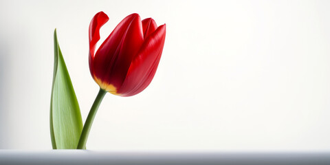 Elegant minimalist image of a vibrant red tulip against a white backdrop, emphasizing the flower's delicate detail and bold color for an impactful campaign.