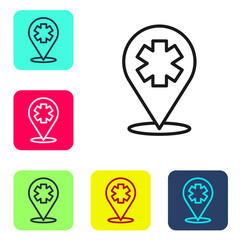 Black line Medical map pointer with cross hospital icon isolated on white background. Set icons in color square buttons. Vector