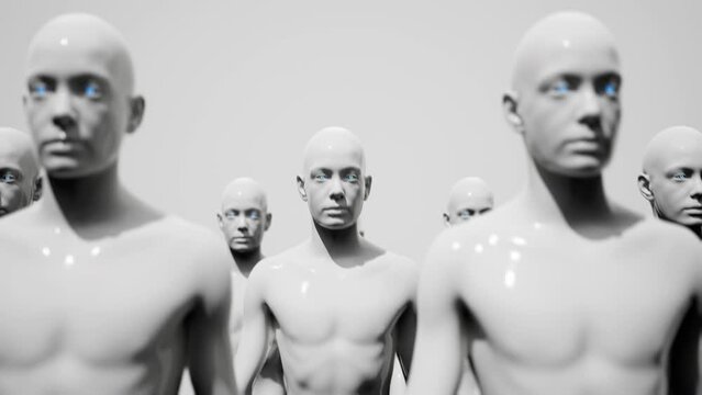 Army of robots. A crowd of cyborg workers marching in formation. 3D animation