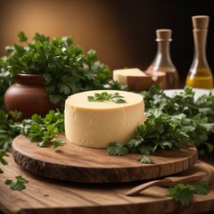 Fototapeta na wymiar Parmesan, parmigiano reggiano cheese on a wooden plate
