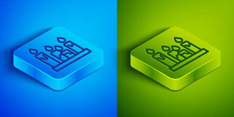 Isometric line Burning candle icon isolated on blue and green background. Cylindrical aromatic candle stick with burning flame. Happy Halloween party. Square button. Vector