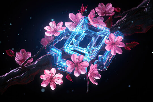 A neon diamond, radiating with electric luminescence, frames a scene of cherry blossoms in full bloom, all depicted in a contemporary digital art style