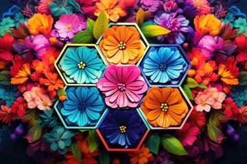 A neon hexagon, shimmering with electric brilliance, encircles a collection of vibrant flowers, all rendered in a contemporary digital art style