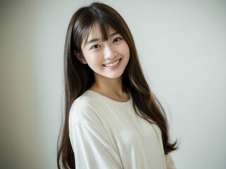 Portrait of a Beautiful long hair Asian Japanese Girl 19-25 years old in white t-shirt, Happy smile, looks at the camera on White Background. generative AI