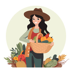 A young farmer in a hat holding a basket full of vegetables: pumpkin, cabbage, eggplant, zucchini. Autumn harvest concept. Eco wellness food illustration.