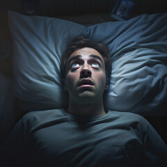 A man is lying in his bed, staring at the ceiling. Unable to fall asleep, he's either frightened or suffering from insomnia. His eyes are wide open.