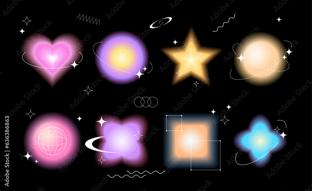 Poster set of blurred glowing graphic shapes, retro graphics, blurred objects in a white futuristic frames 