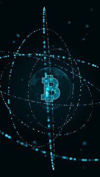 Motion graphic Blue digital money logo with particle ring circle rotation and earth sphere with ai technology icon on futuristic abstract background crypto currency finance vertical video concepts