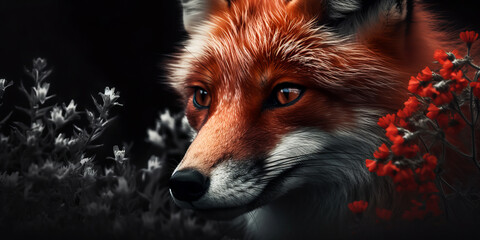 Enchanting close-up view of a red fox in the wild artfully framed by delicate red flowers. Unique and visually striking harmony of natural beauty and artistic vision.