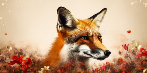 Enchanting close-up of a red fox adorned with delicate flowers, an artistic representation of wildlife perfect for campaigns promoting beauty and intrigue.