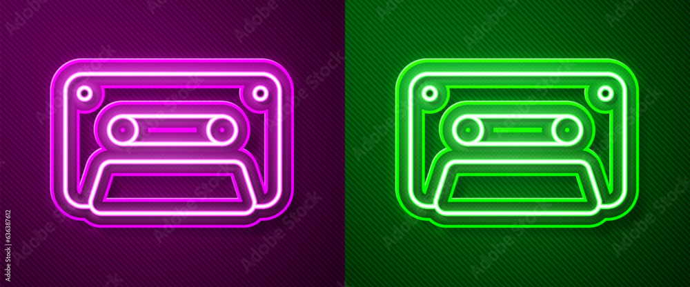 Poster glowing neon line retro audio cassette tape icon isolated on purple and green background. vector