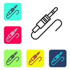 Black line Audio jack icon isolated on white background. Audio cable for connection sound equipment. Plug wire. Musical instrument. Set icons in color square buttons. Vector